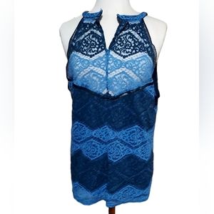 Cato 2xl Top Shirt Blue Tank High Neck Striped Lace Sleeveless Shirt dimensions
